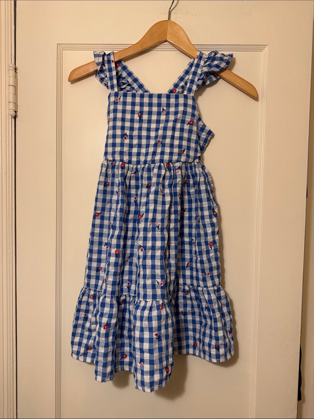 Cat & Jack Blue/White Gingham Dress with Red Embroidered Accents with pockets